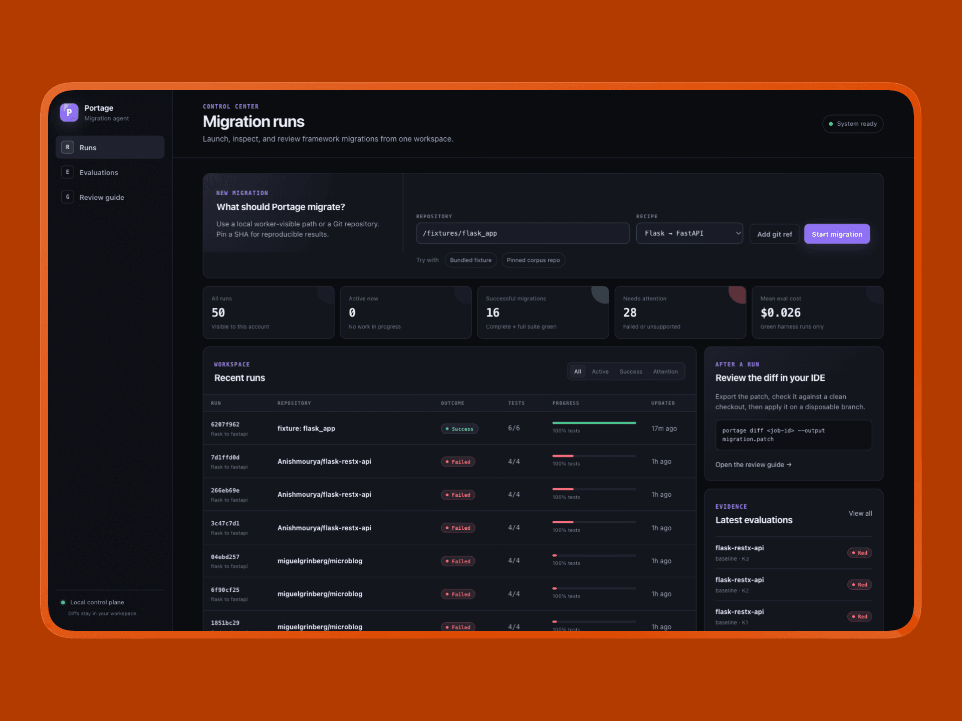 Portage dashboard: jobs list and launch surface